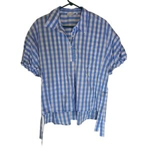 FOIL Blue White Gingham Check Side Tie High Low Top 8 Womens Cottage Core